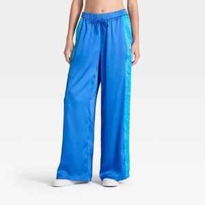 JoyLab Satin Tear Away Track Pants Blue Wide Leg Snap Athleisure NWT M